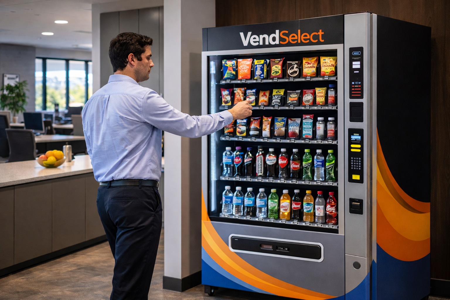 Office workers using a VendSelect vending machine